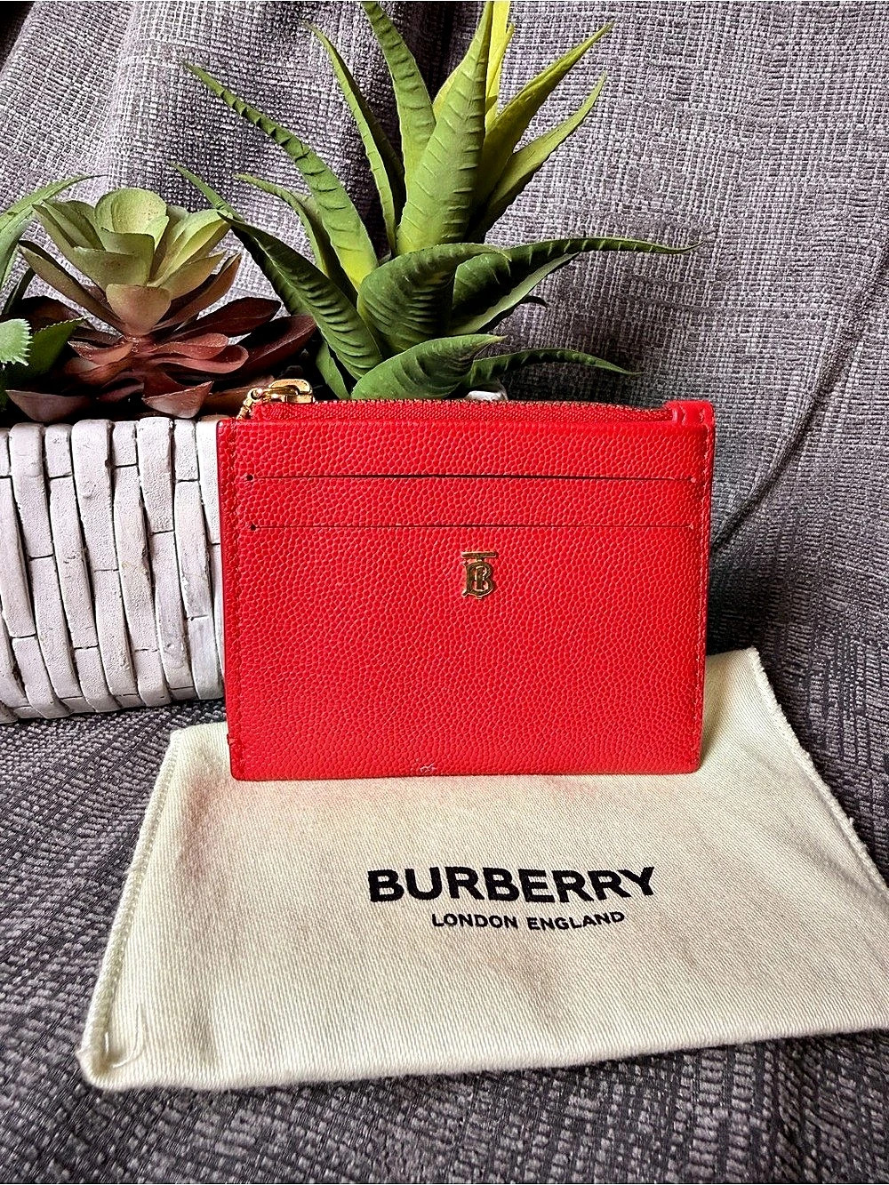 Burberry Red Leather Zip Wallet Cardholder with COA
